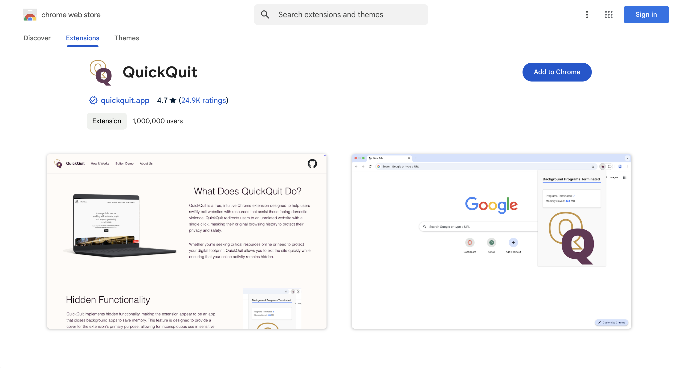 QuickQuit Extension in the Chrome Web Store